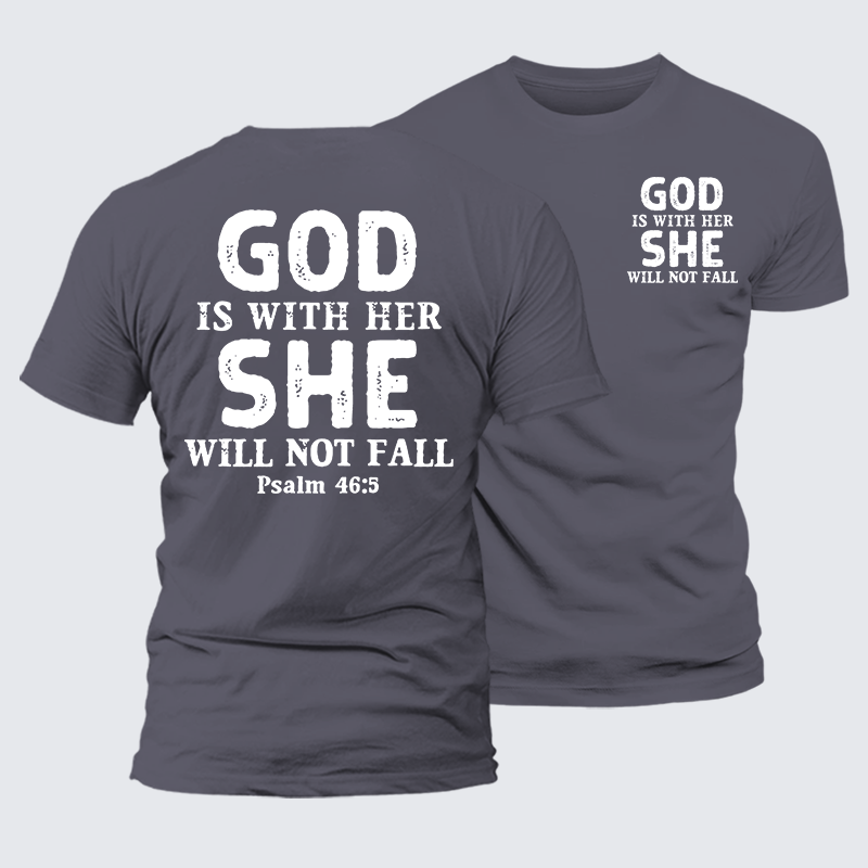 God Is With Her, She Will Not Fall Jesus God Christian Premium Mercerized Cotton Tee