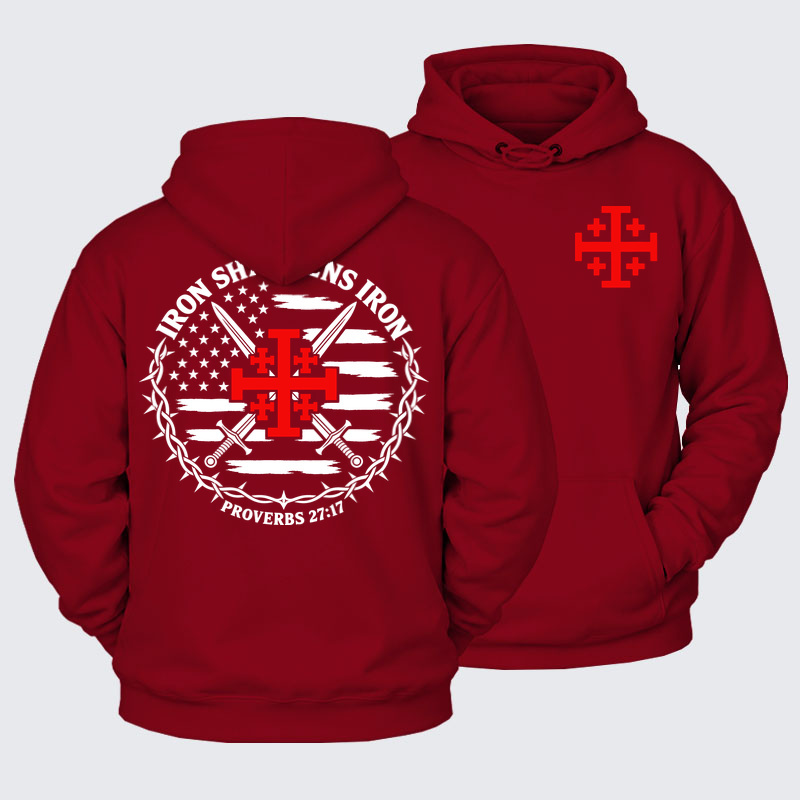 Plush Fleece-Lined Hoodie - Iron Sharpens Iron – Jerusalem Cross & American Flag - Dark Red (front and back)