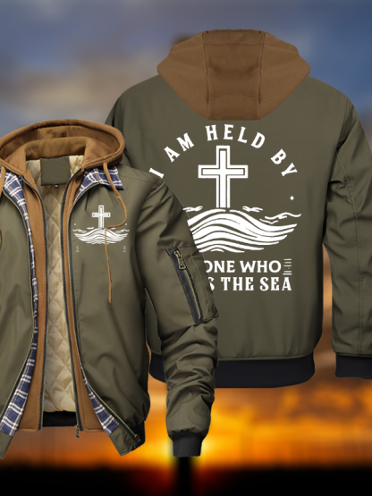 I Am Held By Jesus Who Calms The Sea Warm Hooded Bomber Jacket
