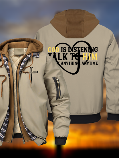 God Is Listening Talk To Him About Anything Anytime Warm Hooded Bomber Jacket