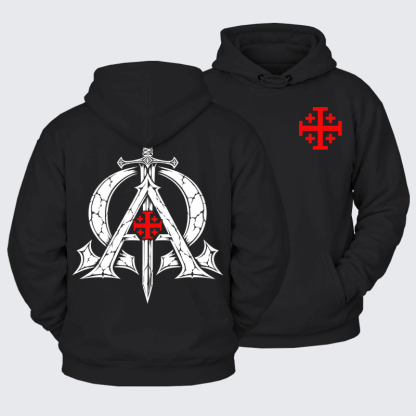 Plush Fleece-Lined Hoodie - Alpha & Omega – Revelation 22:13 Christian Warrior - Black (front and back)