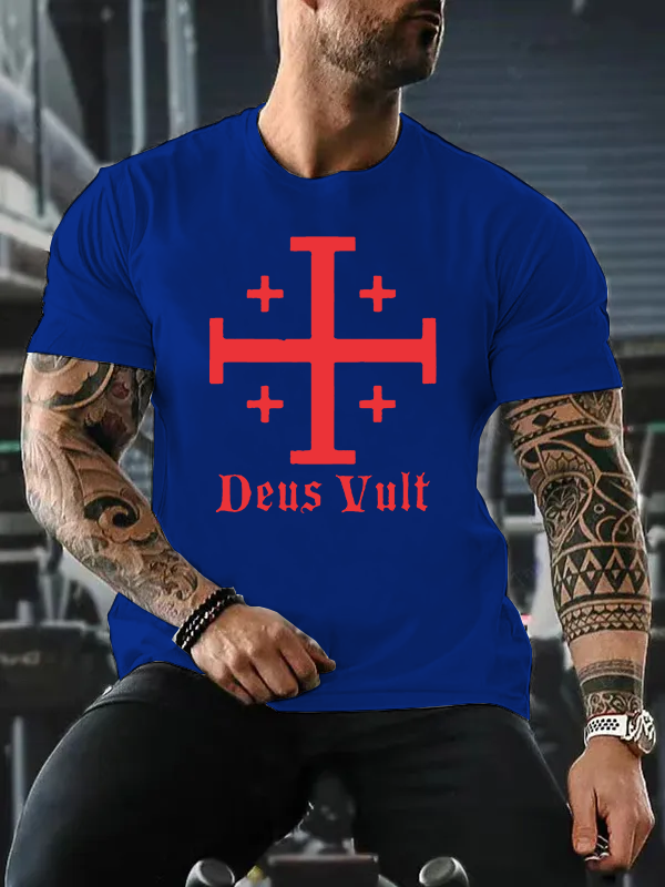 Jerusalem Cross Deus Vult Jesus God Christian Cotton T-Shirt