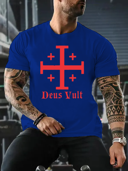 Jerusalem Cross Deus Vult Jesus God Christian Cotton T-Shirt