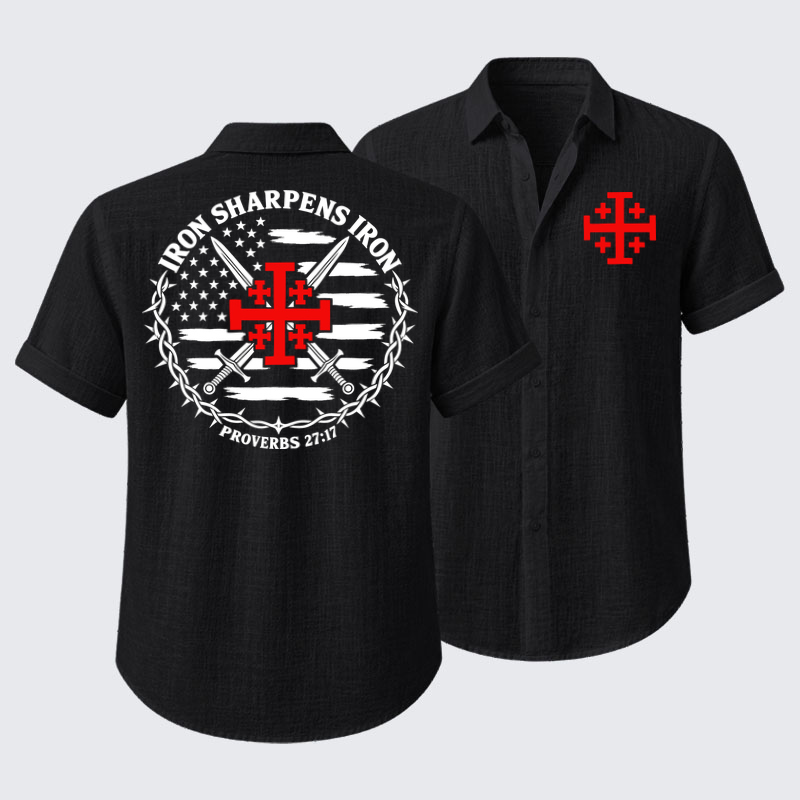 Short Sleeve Casual Shirt - Iron Sharpens Iron – Jerusalem Cross & American Flag - Black (front and back)