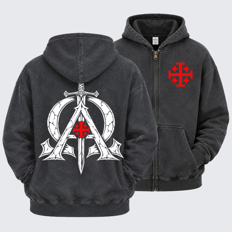 Washed Zip-Up Hoodie - Alpha & Omega – Revelation 22:13 Christian Warrior - Black (front and back)