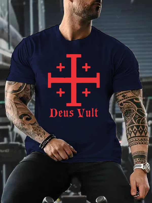 Jerusalem Cross Deus Vult Jesus God Christian Cotton T-Shirt