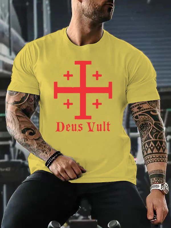 Jerusalem Cross Deus Vult Jesus God Christian Cotton T-Shirt