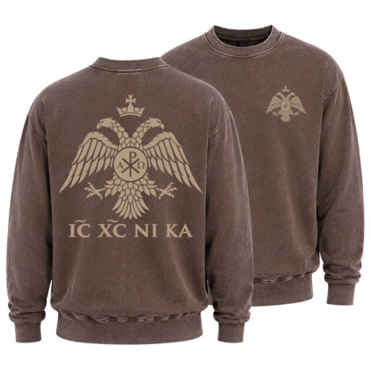 Washed Sweatshirt - IC XC NIKA – Chi-Rho Double-Headed Eagle - Coffee (front and back)