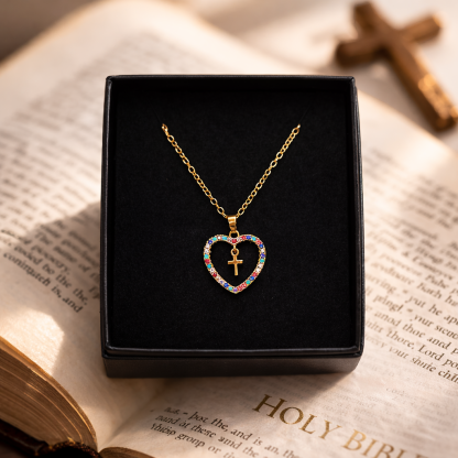 Colored Zircon Geometric Cross Heart Necklace