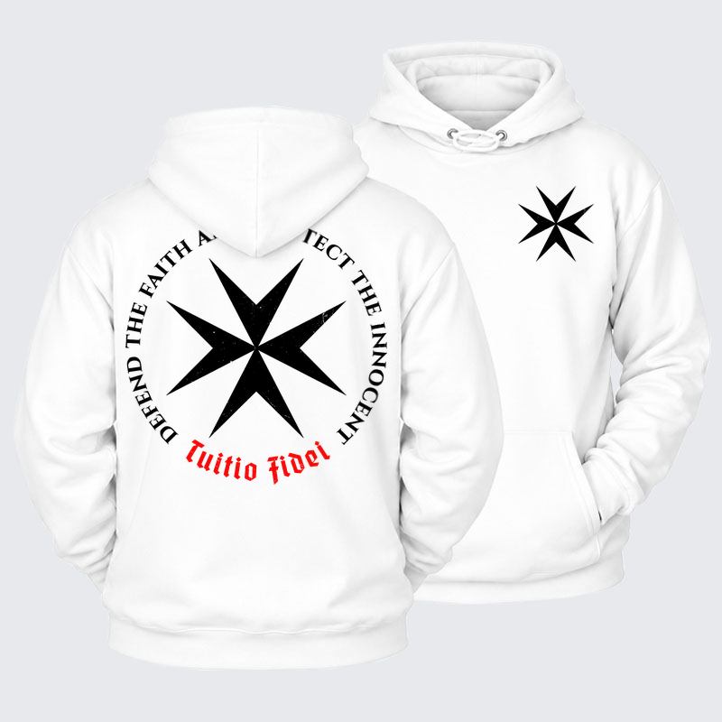 Plush Fleece-Lined Hoodie - Defend the Faith, Protect the Innocent Christian Knighti – Tuitio Fide - White (front and back)