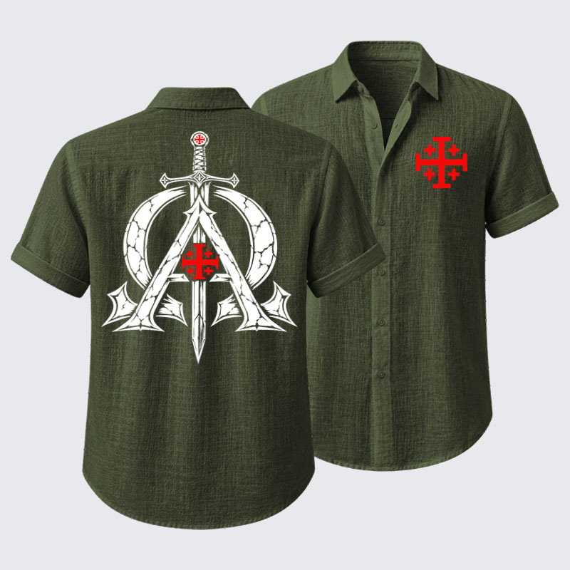 Short Sleeve Casual Shirt - Alpha & Omega – Revelation 22:13 Christian Warrior - Green (front and back)