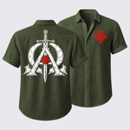 Short Sleeve Casual Shirt - Alpha & Omega – Revelation 22:13 Christian Warrior - Green (front and back)