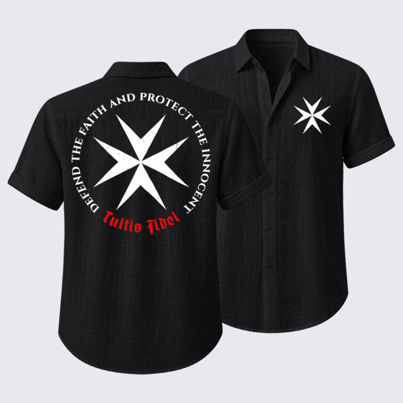 Short Sleeve Casual Shirt - Defend the Faith, Protect the Innocent Christian Knighti – Tuitio Fide - Black (front and back)