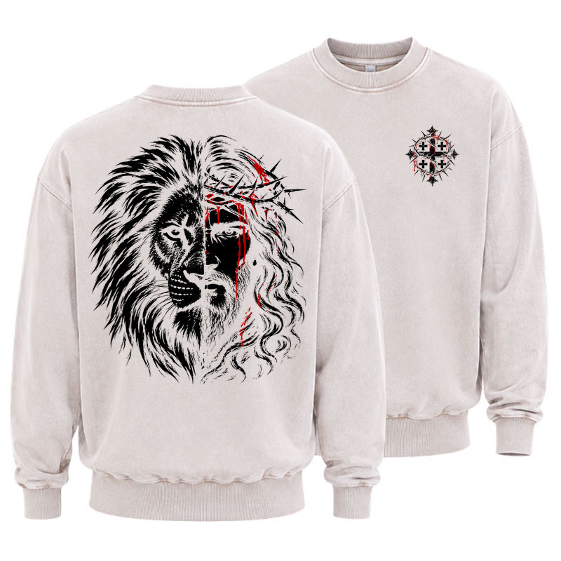 Washed Sweatshirt - Lion of Judah & Jesus – Crown of Thorns - Beige (front and back)