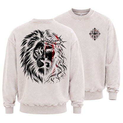 Washed Sweatshirt - Lion of Judah & Jesus – Crown of Thorns - Beige (front and back)