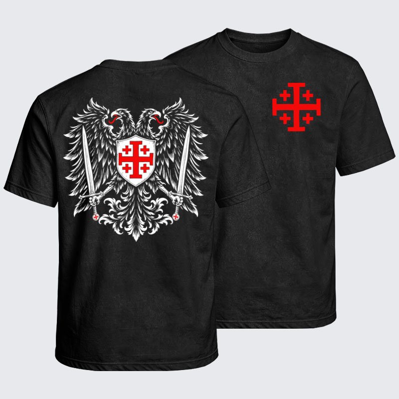 Washed T-Shirt - Jerusalem Cross – Christian Double-Headed Eagle Warrior - Black (front and back)