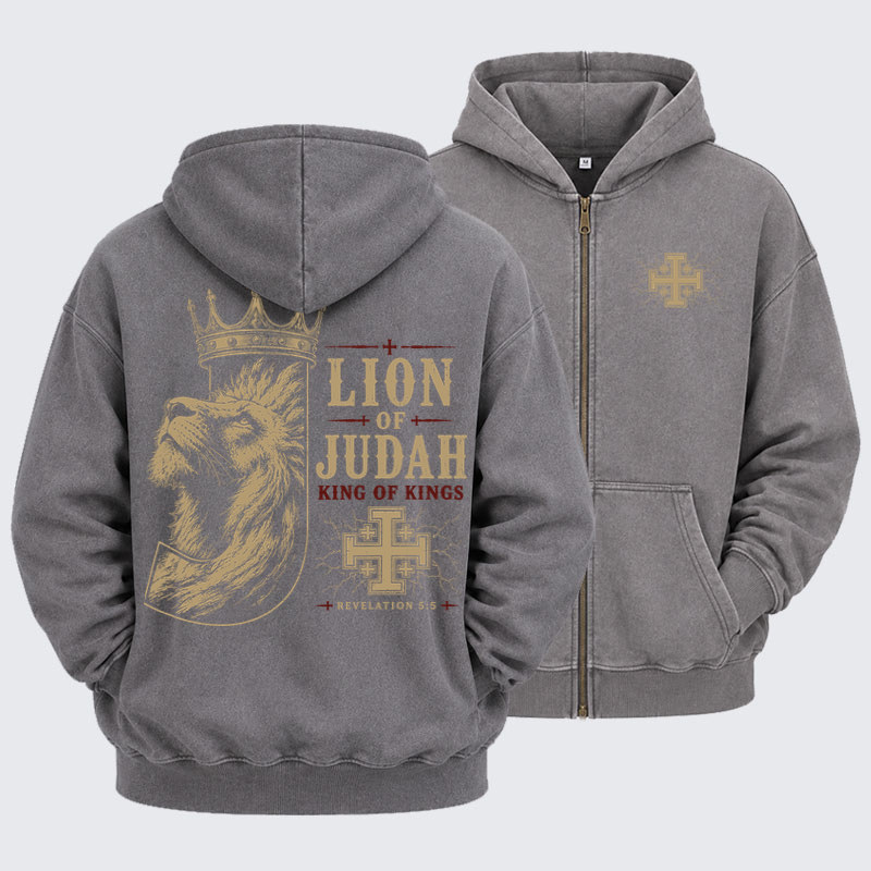 Washed Zip-Up Hoodie - Lion of Judah - Grey (front and back)