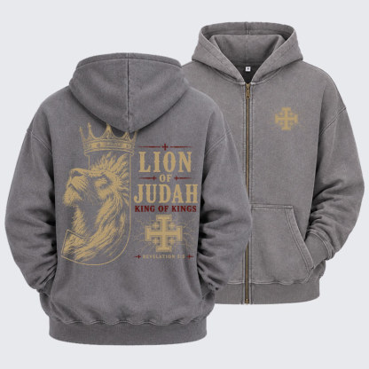 Washed Zip-Up Hoodie - Lion of Judah - Grey (front and back)