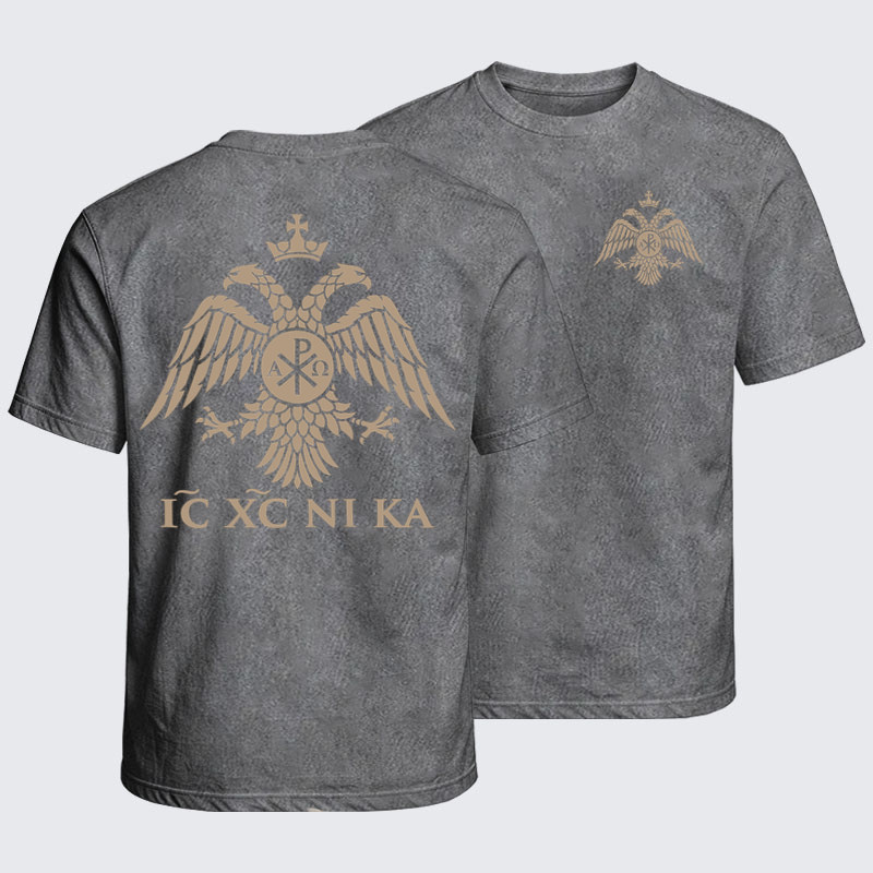 Washed T-Shirt - IC XC NIKA – Chi-Rho Double-Headed Eagle - Light Gray (front and back)