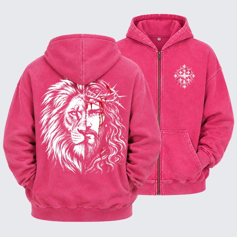 Washed Zip-Up Hoodie - Lion of Judah & Jesus – Crown of Thorns - Pink (front and back)