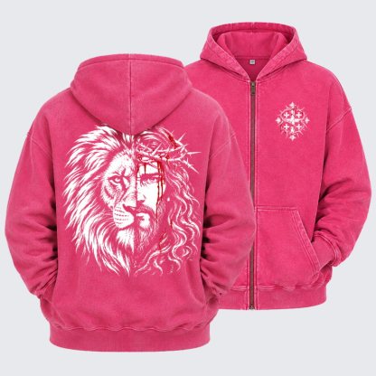 Washed Zip-Up Hoodie - Lion of Judah & Jesus – Crown of Thorns - Pink (front and back)