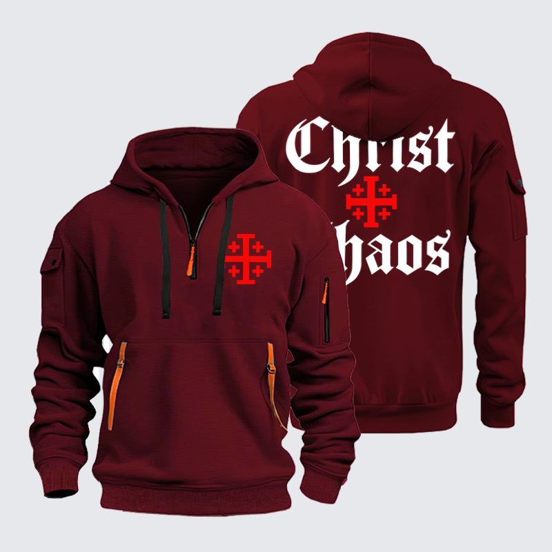 Zipper Hoodies - Christ Or Chaos Jerusalem Cross - Wine Red (front and back)