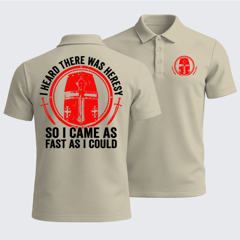Men’s Premium Cotton Polo Shirt - I Heard There Was Heresy. So I Came As Fast As I Could Crusader Joke - Apricot (front and back)