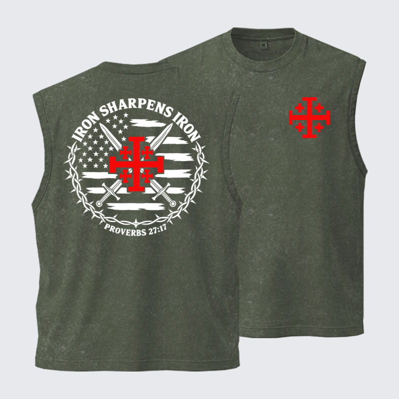 Washed Tank Top - Iron Sharpens Iron – Jerusalem Cross & American Flag - Army green (front and back)