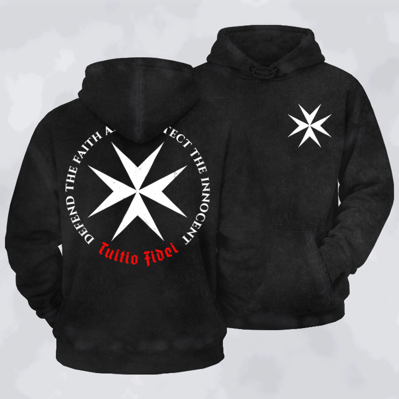 Washed Hoodie - Defend the Faith, Protect the Innocent Christian Knighti – Tuitio Fide - Black (front and back)