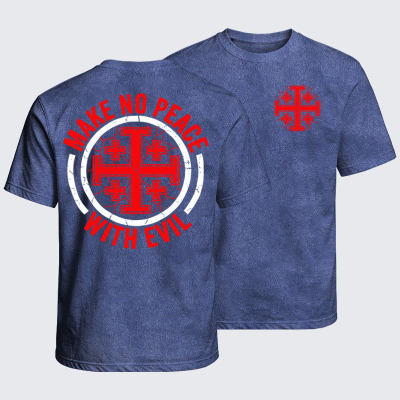 Washed T-Shirt - Make No Peace with Evil Knight Templar Jerusalem Cross - Royal Blue (front and back)