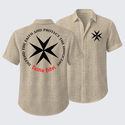 Short Sleeve Casual Shirt - Defend the Faith, Protect the Innocent Christian Knighti – Tuitio Fide - Apricot (front and back)