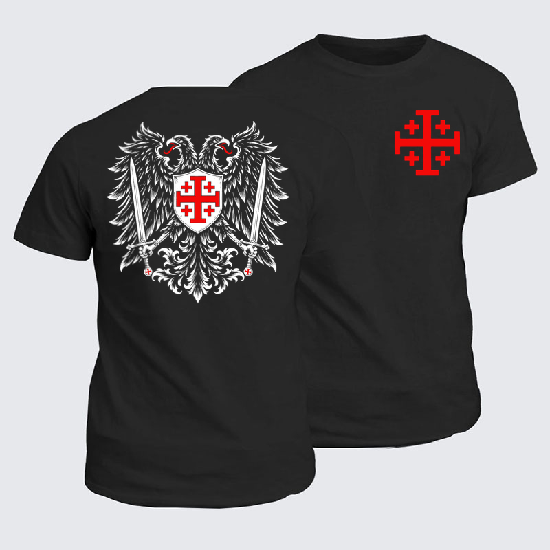Classic Cotton Tee - Jerusalem Cross – Christian Double-Headed Eagle Warrior - Black (front and back)