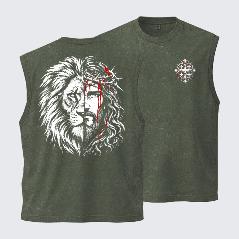 Washed Tank Top - Lion of Judah & Jesus – Crown of Thorns - Army green (front and back)