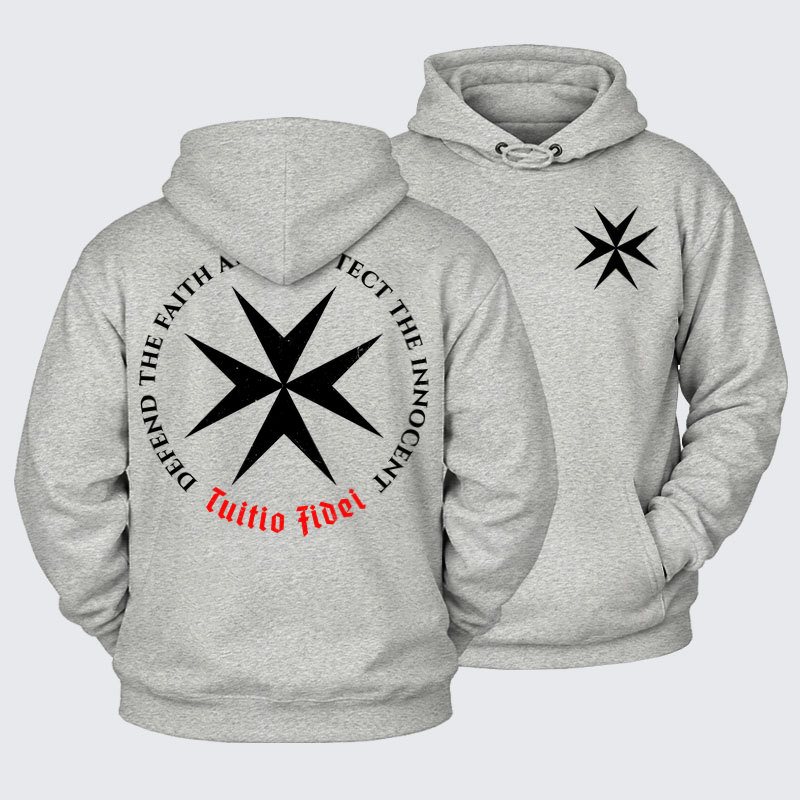 Plush Fleece-Lined Hoodie - Defend the Faith, Protect the Innocent Christian Knighti – Tuitio Fide - Light Heather Gray (front and back)