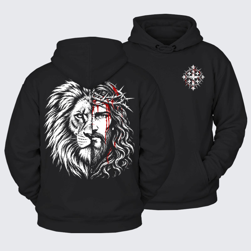 Plush Fleece-Lined Hoodie - Lion of Judah & Jesus – Crown of Thorns - Black (front and back)
