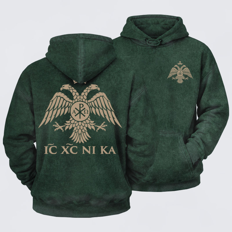 Washed Hoodie - IC XC NIKA – Chi-Rho Double-Headed Eagle - Forest green (front and back)
