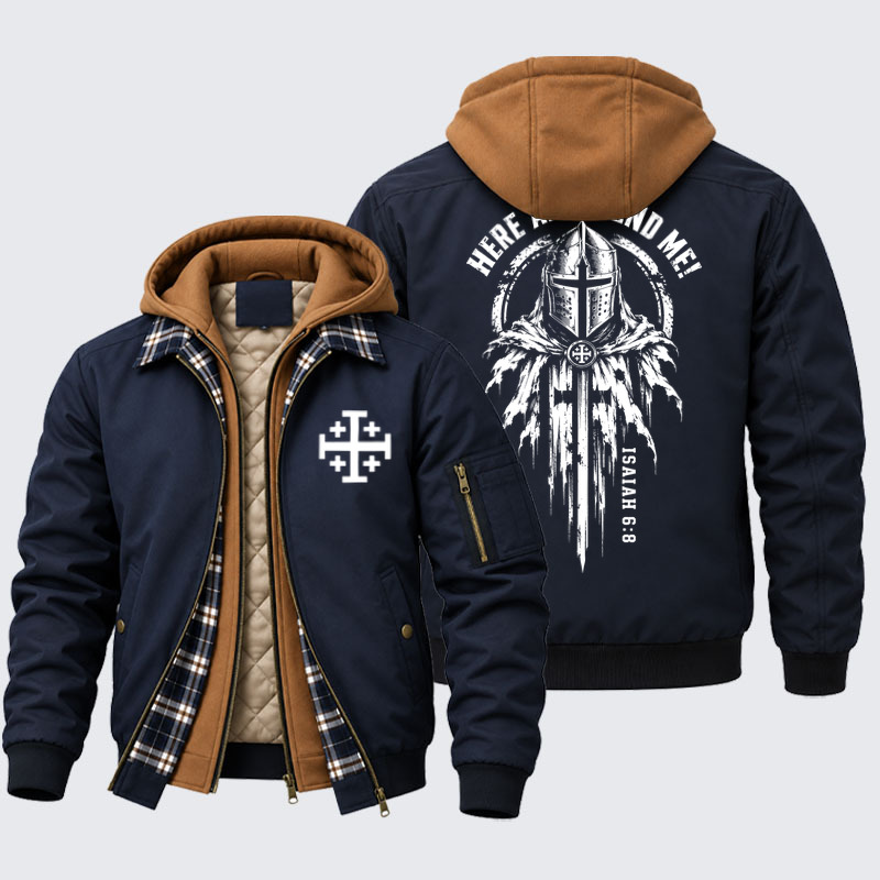 Hooded Bomber Jacket -Here Am I, Send Me – Isaiah 6:8 Christian Knight