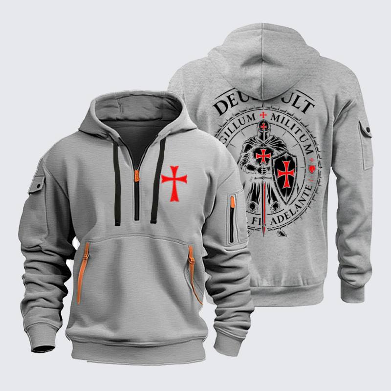 Zipper Hoodies - Deus Vult Templar Knight Seal - Light Gray (front and back)
