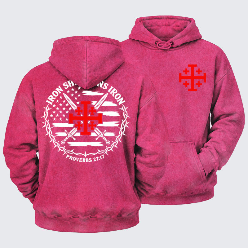 Washed Hoodie - Iron Sharpens Iron – Jerusalem Cross & American Flag - Pink (front and back)