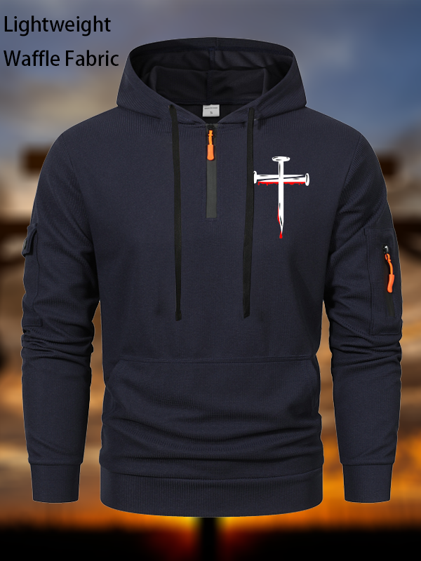 Nails Cross Christian Waffle Fabric Zipper Hoodies