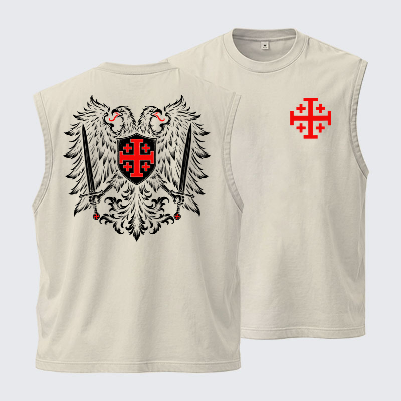Washed Tank Top - Jerusalem Cross – Christian Double-Headed Eagle Warrior - Beige (front and back)