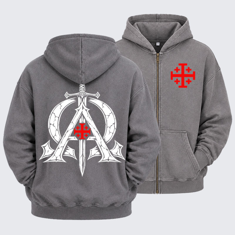 Washed Zip-Up Hoodie - Alpha & Omega – Revelation 22:13 Christian Warrior - Grey (front and back)