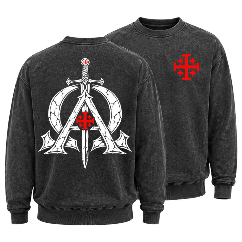 Washed Sweatshirt - Alpha & Omega – Revelation 22:13 Christian Warrior - Black (front and back)