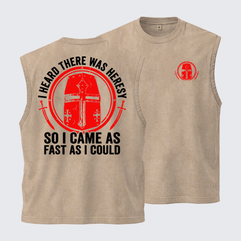 Washed Tank Top - I Heard There Was Heresy. So I Came As Fast As I Could Crusader Joke - Khaki (front and back)