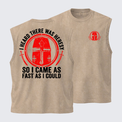 Washed Tank Top - I Heard There Was Heresy. So I Came As Fast As I Could Crusader Joke - Khaki (front and back)