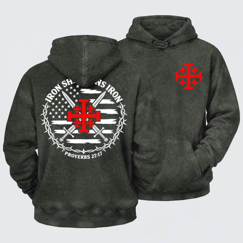Washed Hoodie - Iron Sharpens Iron – Jerusalem Cross & American Flag - Army green (front and back)