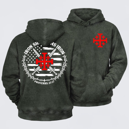 Washed Hoodie - Iron Sharpens Iron – Jerusalem Cross & American Flag - Army green (front and back)