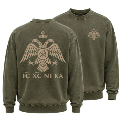 Washed Sweatshirt - IC XC NIKA – Chi-Rho Double-Headed Eagle - Army Green (front and back)