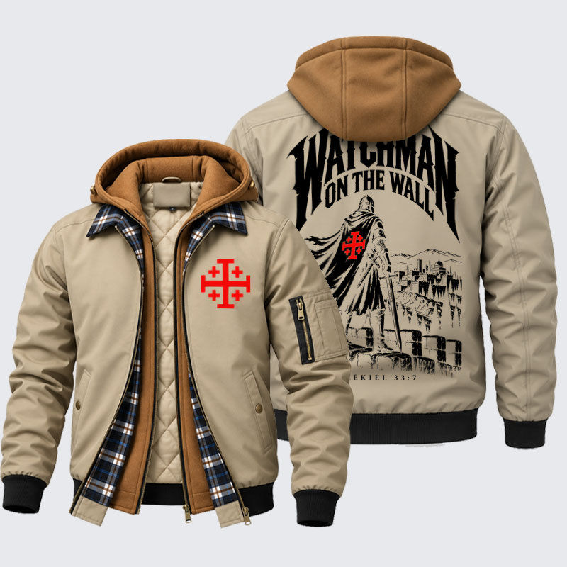 Hooded Bomber Jacket - Watchman on the Wall – Ezekiel 33:7 - Khaki (front and back)