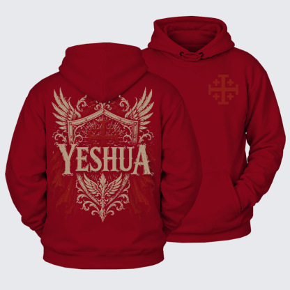 Plush Fleece-Lined Hoodie - Yeshua – King of Kings - Dark Red (front and back)